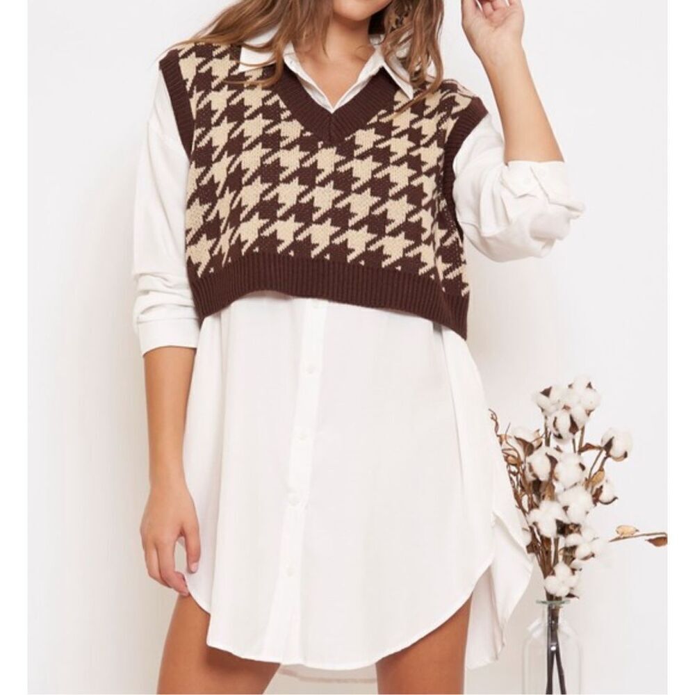 HOUNDSTOOTH LOOSE CROP V NECK VEST